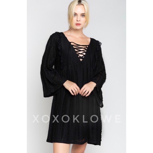 POL Black Stretch Lace Mini Dress Long Sleeves Ruffle Detail - Picture 4 of 10